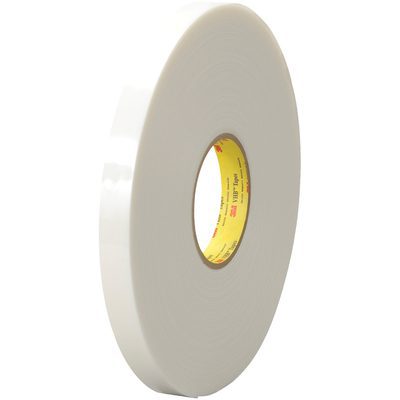 VHB495134R.jpg A large roll of 3/4 x 5 yds. White 3M™ 4951 VHB™ Tape (1 Roll/Case) with a yellow interior core, flaunting a smooth, glossy texture, is positioned upright against a plain background.