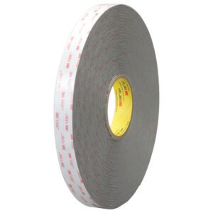 The 1 x 5 yds. White 3M™ 4959 VHB™ Tape (1 Roll/Case) is displayed, featuring a red text adhesive backing, gray tape, and yellow core that enhances branding for versatile applications.