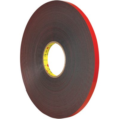 VHB592512R.jpg A 1/2 x 5 yds. roll of dark gray 3M™ 5925 VHB™ tape, with a red liner and black double-sided adhesive, stands vertically against a white background. Its yellow core with text adds color to this versatile essential.