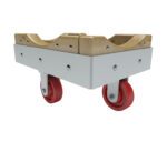 The Vestil Wood/Steel Dolly - Metal Wheels 24X36 is designed for smooth transport of cylindrical objects, featuring a metal frame and curved grooves supported by red rubber wheels for stability and mobility.