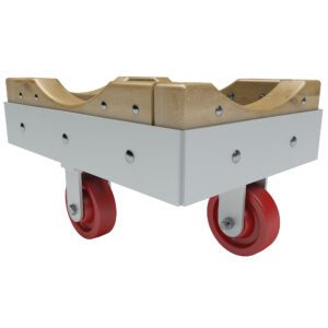 Introducing the Vestil Wood/Steel Dolly - Phenolic Wheels 24X36: a robust dolly with a curved wooden top, white metal frame, and two red caster wheels. Perfect for efficiently transporting cylindrical items such as barrels or kegs.