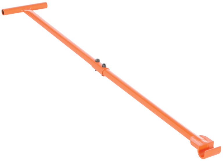 The Vestil Handle To Use W/Vhms-2, an orange metal load binder bar with a T-handle and flat hook, measures 50.6 inches and is designed to adjust cargo tension. Its displayed diagonally against a white background.