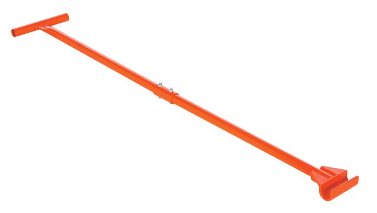 The Vestil Handle To Use W/Vhms-8/13/30 50.6 is an orange metal load bar with a flat, rubberized grip and an adjustable clamp mechanism, ideal for securing items in trucks or cargo areas to prevent shifting during transport.