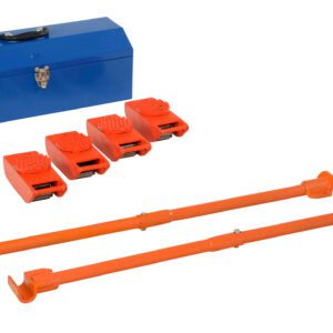 The image shows a blue toolbox, four orange foot-operated lifting devices, and two adjustable rods with hooks. This neatly arranged set resembles the Vestil Steel Machine Roller Kit W/2000 Lb Cap and is perfect for efficiently moving heavy furniture or appliances.