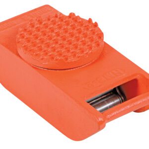 A durable orange industrial door wedge with a textured circular top and small roller is similar to the Vestil Steel Machine Roller W/2000 Lb Capacity.