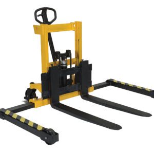 The Vestil Stacker Manual Pump, yellow and black with extended striped forks, safely moves and lifts up to 2000 lbs. Designed for maneuverability, it features a steering handle and two wheels for easy mobility.