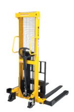 The Vestil Manual Stacker, with adjustable yellow forks and black legs, is on a white background. It includes a mesh guard, handles, and wheels for easy maneuverability. This 2K stacker efficiently lifts and moves pallets in warehouses.