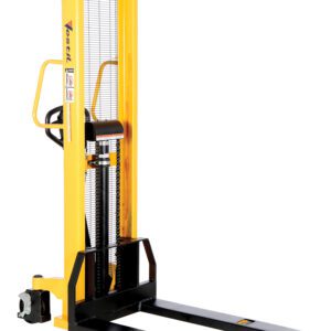 The Vestil Manual Stacker Fixed Forks/Legs 2K features a yellow design with black forks, a vertical handle, and safety grid, making it ideal for lifting and transporting pallets in warehouse or industrial settings.