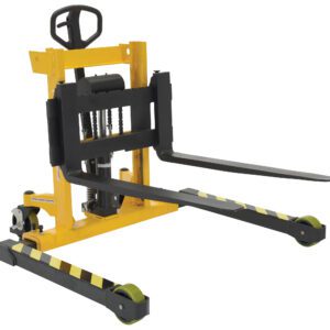 The Vestil Stacker Manual Pump 2-35 In 3000 Lb features a yellow design with black and green wheels, adjustable forks, and a hydraulic lifting mechanism. Its perfect for maneuvering pallets in warehouses, handling up to 3000 lbs with a lift range of 2-35 inches.