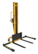 The Vestil Manual Stacker Narrow Mast Adj Forks/Legs 1K features black and yellow striped forks and legs, a robust vertical lift mechanism, and a visible base wheel for seamless movement, making it perfect for precise handling tasks.