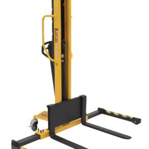 The Vestil Manual Stacker Narrow Mast Adj Forks/Legs 1K features black and yellow striped forks and legs, a robust vertical lift mechanism, and a visible base wheel for seamless movement, making it perfect for precise handling tasks.
