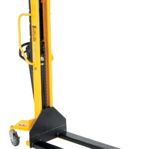 The Vestil Manual Stacker Narrow Mast Fixed Forks/Legs 1K, in yellow with black forks and caster wheels, features a sleek design against a white background for efficiently handling up to 1,000 lbs.