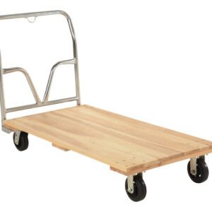 The Vestil Hardwood Platform Truck 1.6K Lb 27Wx54L features a silver metal handle and four black wheels on a light wooden platform, set against a white background, elegantly contrasting the materials.