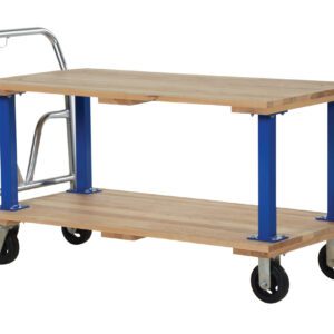The Vestil Double Deck Hardwood Platform Cart 27X54 includes a robust wooden flatbed with a metal handle and four wheels, featuring durable wooden top and bottom shelves supported by elegant blue metal legs for both style and functionality.