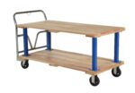 The Vestil Double Deck Hardwood Platform Cart 30X60 includes a two-tier wooden platform, sturdy steel push handle, and four wheels. Blue metal brackets support both the top and bottom shelves, ensuring easy and efficient transport of heavy items.