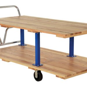 The Vestil Double Deck Hardwood Platform Cart 36X72 has a natural wood finish, blue metal supports, and a sturdy handle. Its two-tiered design and four wheels make it ideal for efficient item transport in warehouses or large areas.