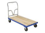 The Vestil Hardwood Platform Truck Stl Frame 24X48 features a sturdy STL frame, a wooden platform, metal handle, and four black wheels. Its blue-bordered sides make it stand out on an isolated white background.
