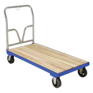 The Vestil Hardwood Platform Truck Stl Frame 24X48 features a sturdy STL frame, a wooden platform, metal handle, and four black wheels. Its blue-bordered sides make it stand out on an isolated white background.