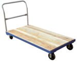 The Vestil Hardwood Platform Truck Stl Frame 30X60 has a sturdy STL frame, a metal handle, four swivel wheels, and light-colored wooden planks framed in blue for easy maneuverability and efficient transport of heavy items.