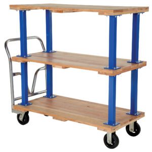 The Vestil Triple Deck Hardwood Platform Cart 24X48 features three hardwood shelves, sturdy blue metal supports, and a polished silver handle. Equipped with four black wheels for smooth transport, its ideal for hassle-free item maneuvering.