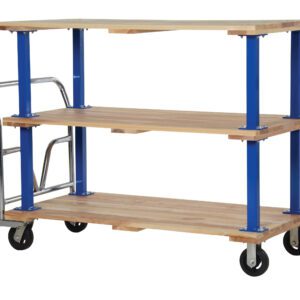 The Vestil Triple Deck Hardwood Platform Cart 30X60 offers three shelves on a blue metal frame, equipped with a metal handle and four black wheels, combining functionality and industrial style for easy movement.