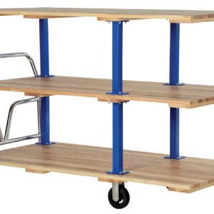 The Vestil Triple Deck Hardwood Platform Cart 36X72 features three wooden shelves on wheels with blue metal supports and a silver handlebar, providing ample, evenly spaced storage and smooth mobility for any workspace.