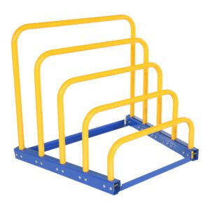 The setup includes yellow tubular barriers on a blue base, similar to a Vestil Variable Height Sheet Rack Knock Down. These hurdles are staggered, increasing in height from front to back.
