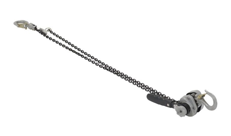The Vestil Lever Lift Hoist 500 Capacity 5 Ft Lift features a long black chain with two silver hooks and includes a sleek black handle with a rotating mechanism for precise adjustments against a plain white background.