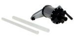 A black manual lever action pump with a handle is positioned alongside three white cylindrical tubes on a white background, resembling the Vestil 10 Oz Drum&Pail Pump.