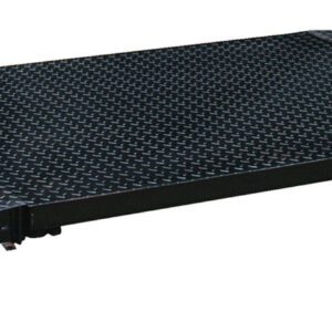 The Vestil Floor Scale Option Approach Ramp 36Lx36W is a durable black metal ramp with a diamond plate surface, ideal for loading vehicles or equipment. Its design includes three sections: a central flat area and two inclined sides for enhanced stability and convenience.