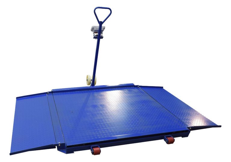 The Vestil Portable Diamond Plate Scale 98Lx71Wx2H includes a textured blue loading ramp with side wings, a handle, and two rear wheels for easy transport and loading of heavy items.