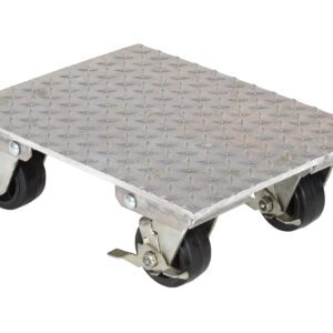 The Vestil Aluminum Plate Dolly 1.2K Lb Cap 14X18 features a grippy diamond-patterned 14x18-inch flat platform, can handle up to 1.2K lb, and includes four black swivel casters with brakes for stability, perfect for moving heavy objects in warehouses or garages.