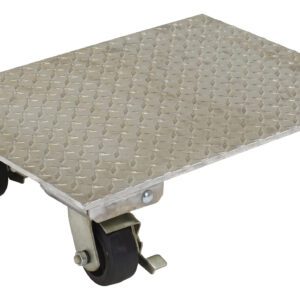 The Vestil Alum Plate Dolly 1200 Cap 24X30 Swivel, with a diamond plate surface and two braked swivel casters, ensures reliable and effortless transport of heavy items up to 1200 lbs.