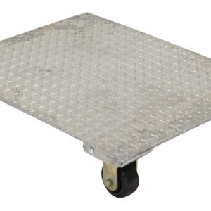 The Vestil Aluminum Plate Dolly 1.2K Lb Cap 24X30 has a robust metallic platform with a patterned surface and four swivel wheels, capable of holding up to 1200 lbs.