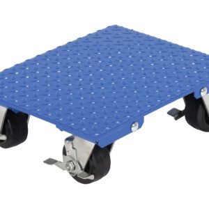 The Vestil Stl Plate Dolly 1200 Cap 14 X 18 Swivel is a blue rectangular dolly with a textured surface and four black swivel caster wheels, each with a metal lock, ideal for moving heavy items securely. It measures 14 x 18 inches and handles substantial loads effortlessly.