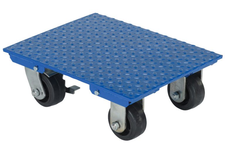 The Vestil Steel Plate Dolly W/ 1.2K Lb Cap 14 X 18 has a blue, rectangular design with a textured non-slip surface, four black swivel caster wheels, and a sturdy metal frame to transport heavy or large items up to its 1.2K lb capacity effortlessly.