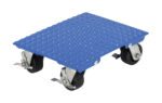 The Vestil Stl Plate Dolly 1200 Cap 24 X 30 Swivel features a sturdy blue metal surface, four black swivel wheels, two reliable locks, and supports up to 1200 lb.