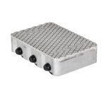 The Vestil Cast Aluminum Dolly 9000 Lb 12.5L X 8.5W features a metallic, diamond-patterned surface with three round black knobs on one side, reflecting light and highlighting its textured design and impressive strength up to 9000 lb capacity.