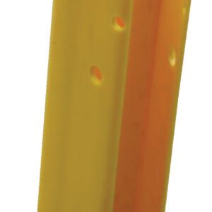 The Vestil Polyethylene Rack Shield Yl 2Lx3Wx18H In features a yellow V-shaped plastic corner guard with round holes, designed to protect wall corners from impact.