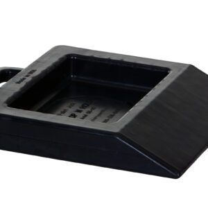 The Vestil Pallet Truck Stop is a black plastic wheel chock with a handle, designed to secure vehicles. It features a sloped front, flat bottom, and raised text for stability, measuring 11.5 inches in length and width.