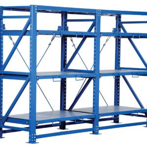 An industrial shelving unit reminiscent of the Vestil Hd Roll-Out Shelving 32L X 114W X 80H, features multiple levels for storage, crossbars and metal supports for stability, and adjustable shelves with visible holes.
