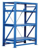 The Vestil Hd Roll-Out Shelving, measuring 32L x 57W x 80H, is a blue metal rack with three adjustable shelves. It includes diagonal support beams and pre-drilled holes for customization. The shelves feature handles for easy adjustment and removal.