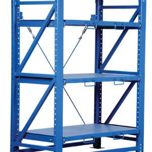 The Vestil Hd Roll-Out Shelving, measuring 32L x 57W x 80H, is a blue metal rack with three adjustable shelves. It includes diagonal support beams and pre-drilled holes for customization. The shelves feature handles for easy adjustment and removal.