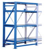 The Vestil Roll Out Shelving - Add On Unit in blue and white includes three adjustable shelves with handles, sturdy cross-braces, and perforations for easy adjustments, offering a durable metal storage solution for industrial settings.