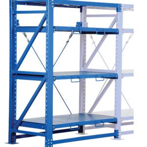 The Vestil Roll Out Shelving - Add On Unit in blue and white includes three adjustable shelves with handles, sturdy cross-braces, and perforations for easy adjustments, offering a durable metal storage solution for industrial settings.