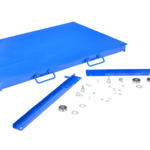 Blue metal panel with handles and detachable rails, scattered with hardware components on a white background, perfect for the Vestil Roll Out Shelving - Extra Shelf.