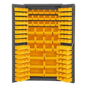 The Vestil Storage Cabinet-132 Bins 36 X 72 boasts a sleek gray design with open doors displaying 132 yellow plastic bins, ideal for efficiently organizing small parts or tools.