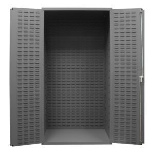Explore the Vestil Storage Cabinet-36 X 72 Custom, a gray metal cabinet with open perforated panels and double doors, offering a roomy interior for ample storage.