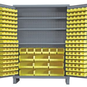 The Vestil Storage Cabinet-185 Bins 24 X 84 features open doors with numerous small yellow bins arranged on the doors and shelves, ideal for efficiently sorting and storing small items.