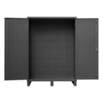 The Vestil Storage Cabinet-24 X 84 Custom, in matte black metal, features open doors revealing a textured, perforated design inside and out.